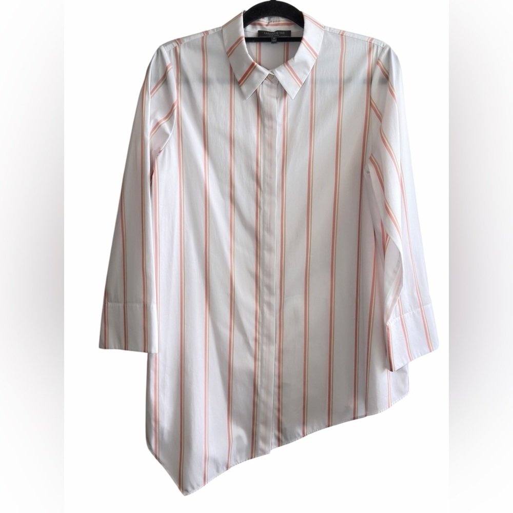 Lafayette 148 White Peach Striped Button Up Shirt Asymmetrical Hem Size M - Picture 12 of 16